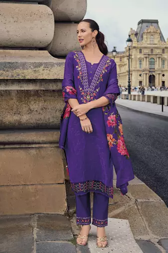 Purple embroidered viscose silk salwar suit