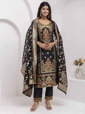 Black embroidered jacquard silk salwar suit 1