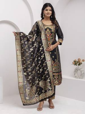 Black embroidered jacquard silk salwar suit 3