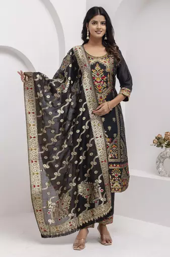 Black embroidered jacquard silk salwar suit