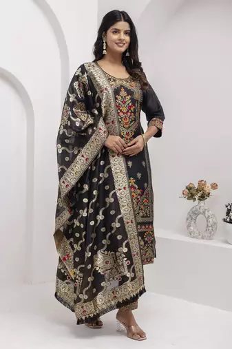 Black embroidered jacquard silk salwar suit