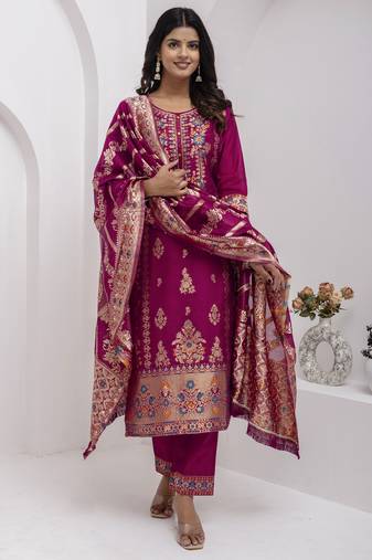 Purple embroidered jacquard silk salwar suit