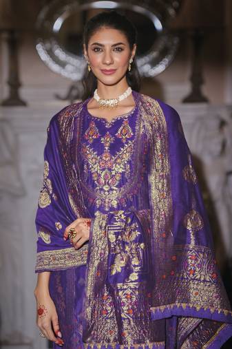 Blue embroidered jacquard silk salwar suit