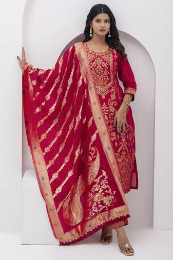 Red embroidered jacquard silk salwar suit