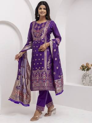 Blue embroidered jacquard silk salwar suit 1