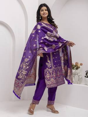 Blue embroidered jacquard silk salwar suit 2
