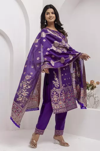 Blue embroidered jacquard silk salwar suit