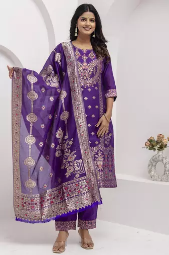 Blue embroidered jacquard silk salwar suit