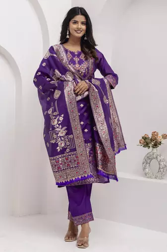 Blue embroidered jacquard silk salwar suit