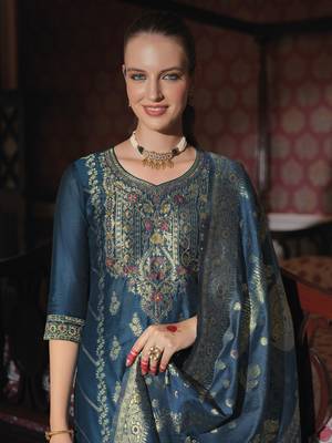 Teal embroidered jacquard silk salwar suit 2