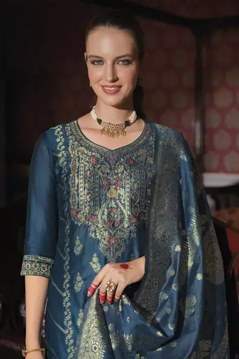 Teal embroidered jacquard silk salwar suit