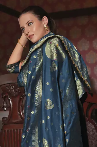 Teal embroidered jacquard silk salwar suit