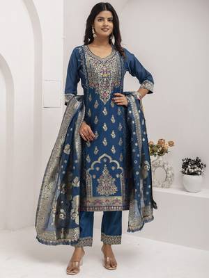 Blue embroidered jacquard silk salwar suit 1