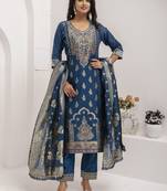Blue embroidered jacquard silk salwar suit