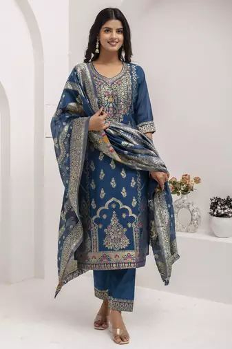 Blue embroidered jacquard silk salwar suit