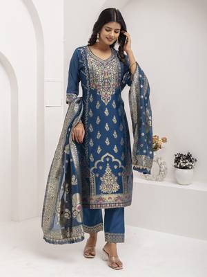Blue embroidered jacquard silk salwar suit 4