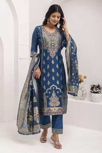 Blue embroidered jacquard silk salwar suit