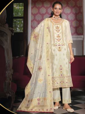 White embroidered jacquard silk salwar suit 1
