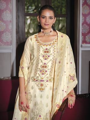 White embroidered jacquard silk salwar suit 2