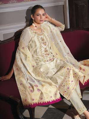 White embroidered jacquard silk salwar suit 3