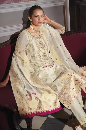 White embroidered jacquard silk salwar suit