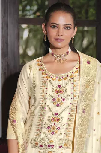 White embroidered jacquard silk salwar suit