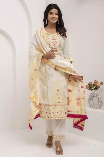 White embroidered jacquard silk salwar suit