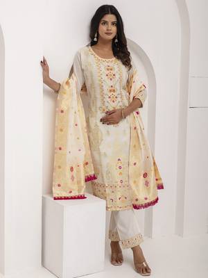 White embroidered jacquard silk salwar suit 3