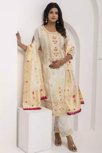 White embroidered jacquard silk salwar suit
