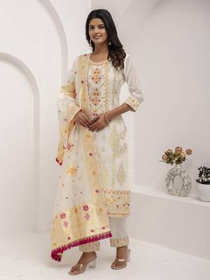 White embroidered jacquard silk salwar suit 4