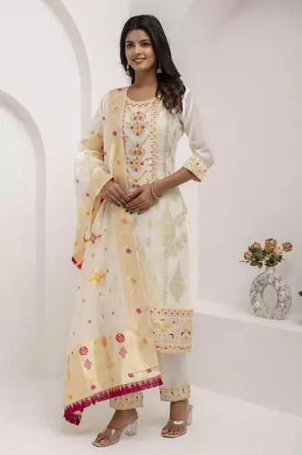 White embroidered jacquard silk salwar suit