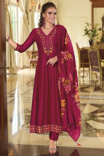Pink embroidered vichitra silk salwar suit