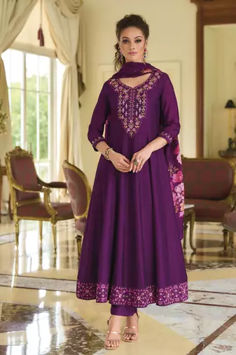 Purple embroidered vichitra silk salwar suit
