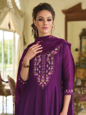 Purple embroidered vichitra silk salwar suit 4