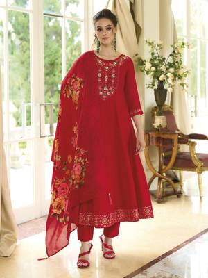 Red embroidered vichitra silk salwar suit 1