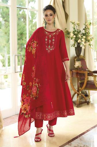 Red embroidered vichitra silk salwar suit