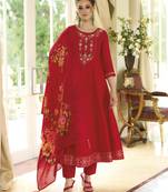 Red embroidered vichitra silk salwar suit