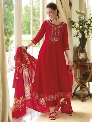 Red embroidered vichitra silk salwar suit 2