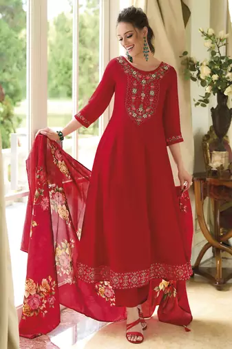 Red embroidered vichitra silk salwar suit
