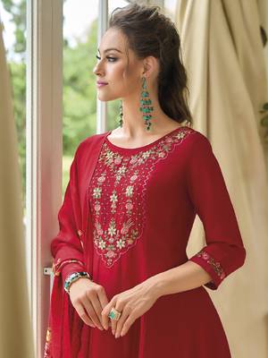 Red embroidered vichitra silk salwar suit 4