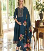 Teal embroidered vichitra silk salwar suit
