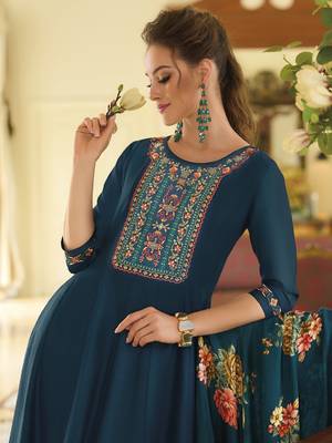 Teal embroidered vichitra silk salwar suit 2