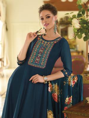Teal embroidered vichitra silk salwar suit 3