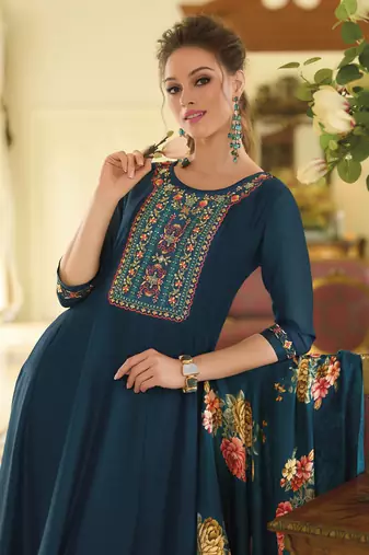 Teal embroidered vichitra silk salwar suit