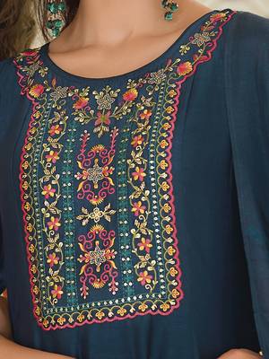 Teal embroidered vichitra silk salwar suit 4