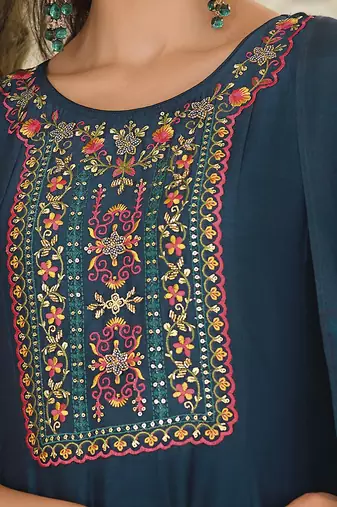 Teal embroidered vichitra silk salwar suit