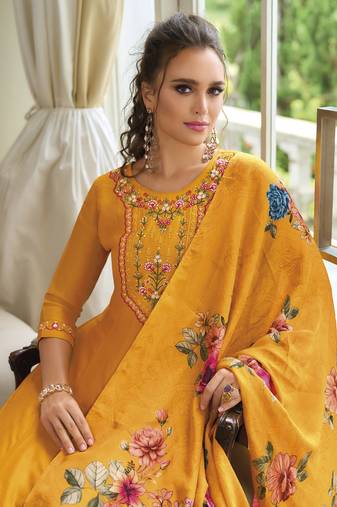 Yellow embroidered vichitra silk salwar suit