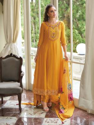 Yellow embroidered vichitra silk salwar suit 2