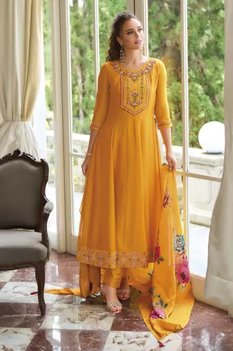 Yellow embroidered vichitra silk salwar suit