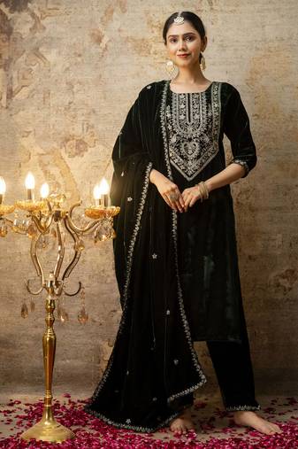 Green embroidered velvet salwar suit